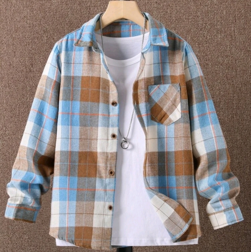 Shein Kids Boys Plaid Patched Pocket Long Sleeve Button Up Shirt-13-14Y